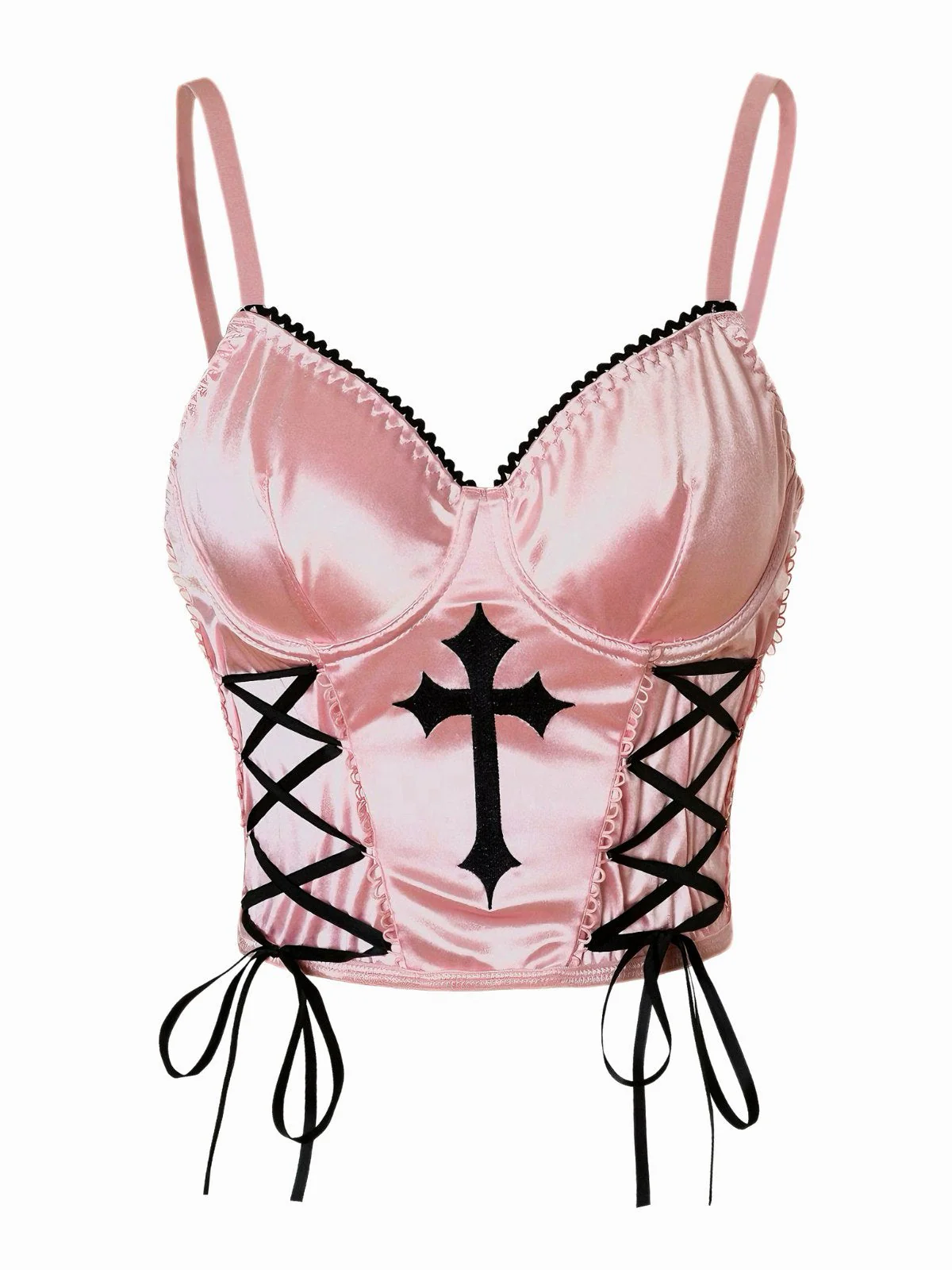 Rosa 1970er Kreuzen Gothic Satin Schnürung Leibchen