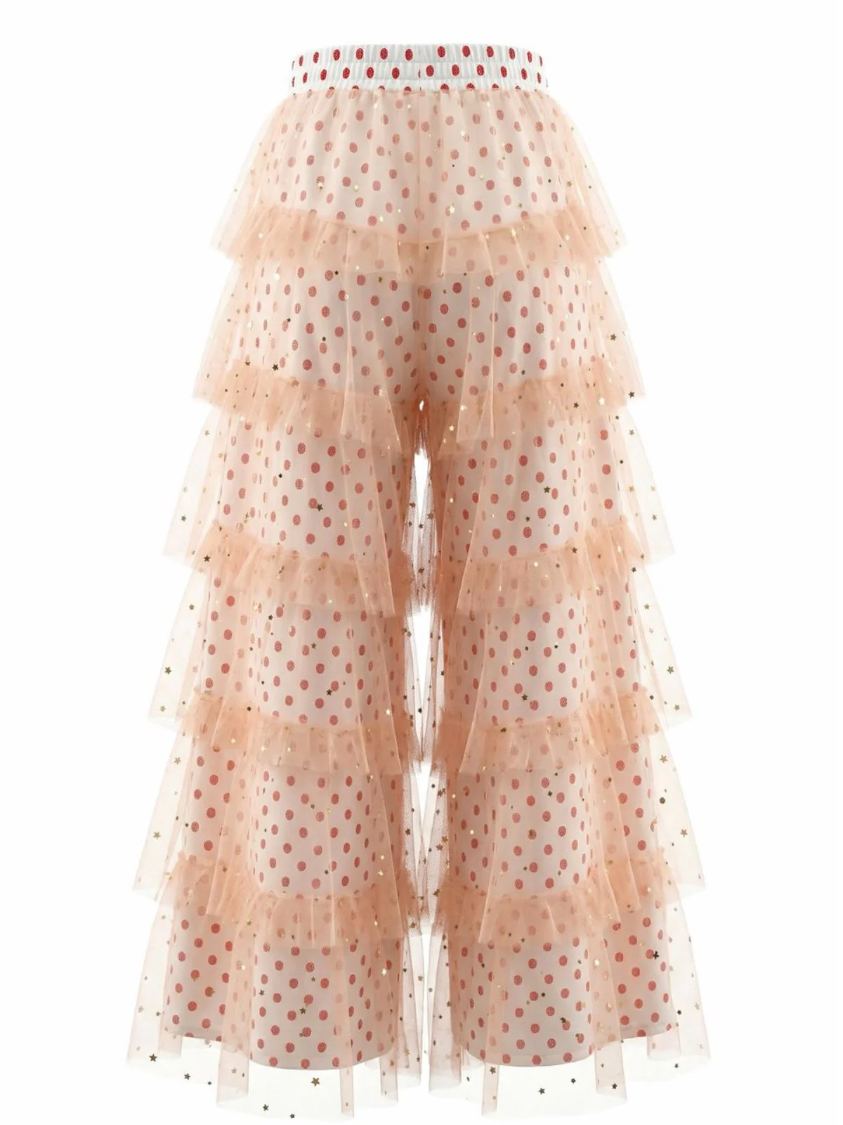 Rosa 1970er Polka Dot Tüll Gestuft Rüschen Hose - Image 2