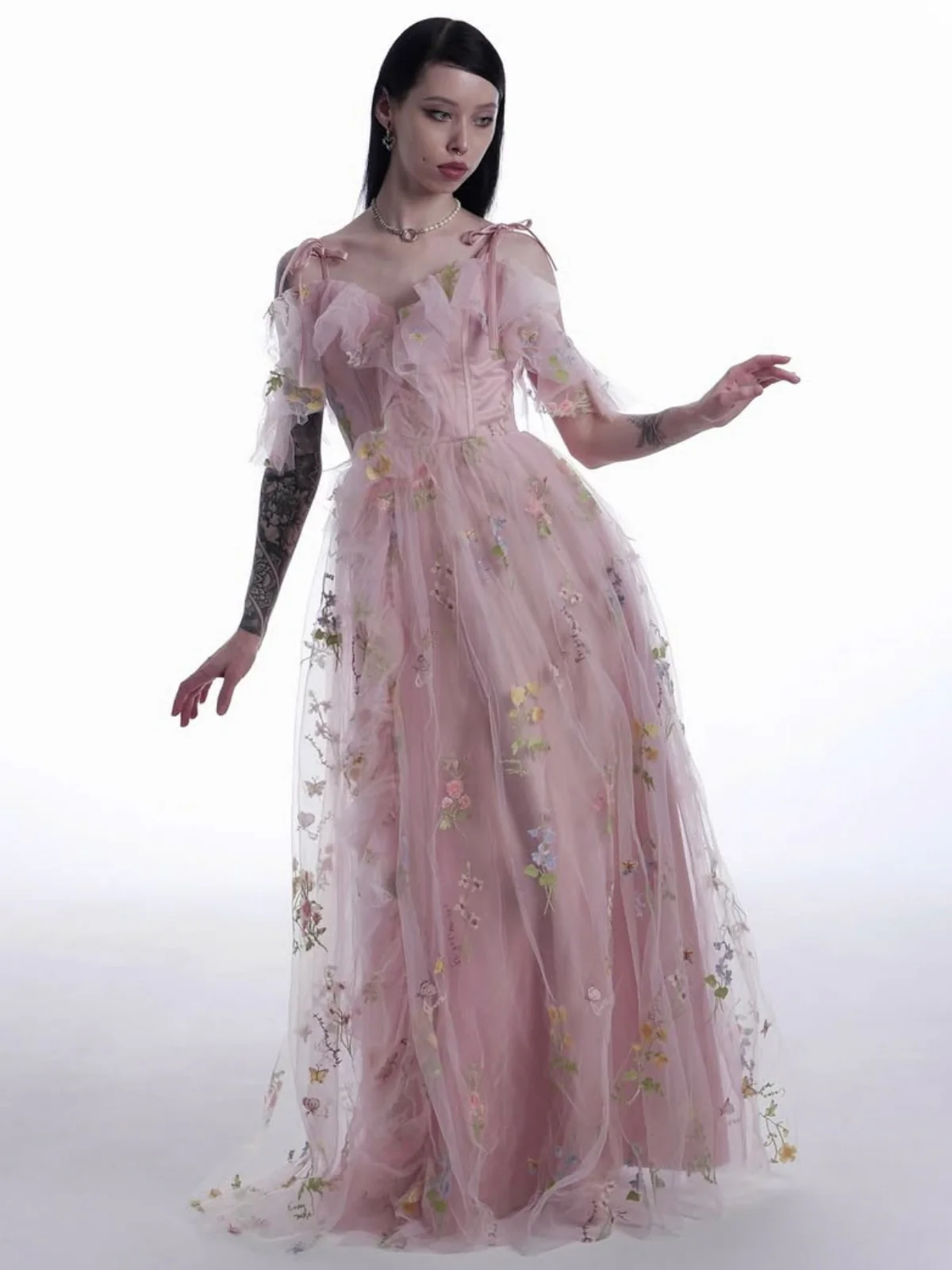 Rosa 1970er Slip Blumen Besticktes Netz Schlitz Kleid