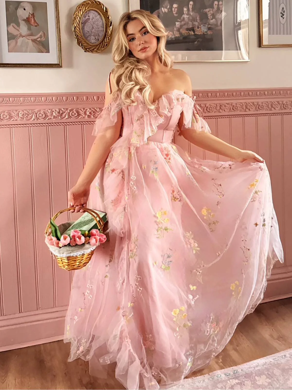 Rosa 1970er Slip Blumen Besticktes Netz Schlitz Kleid - Image 2
