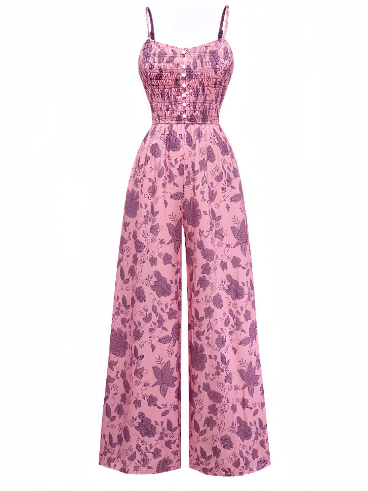 Rosa 1970er Spaghettiträger Blumen Gesmokt Jumpsuit - Image 2
