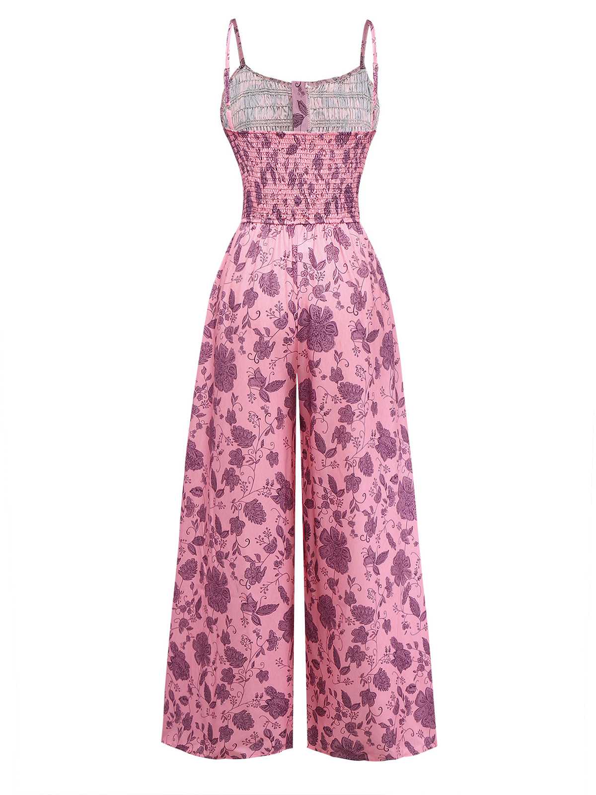 Rosa 1970er Spaghettiträger Blumen Gesmokt Jumpsuit - Image 3