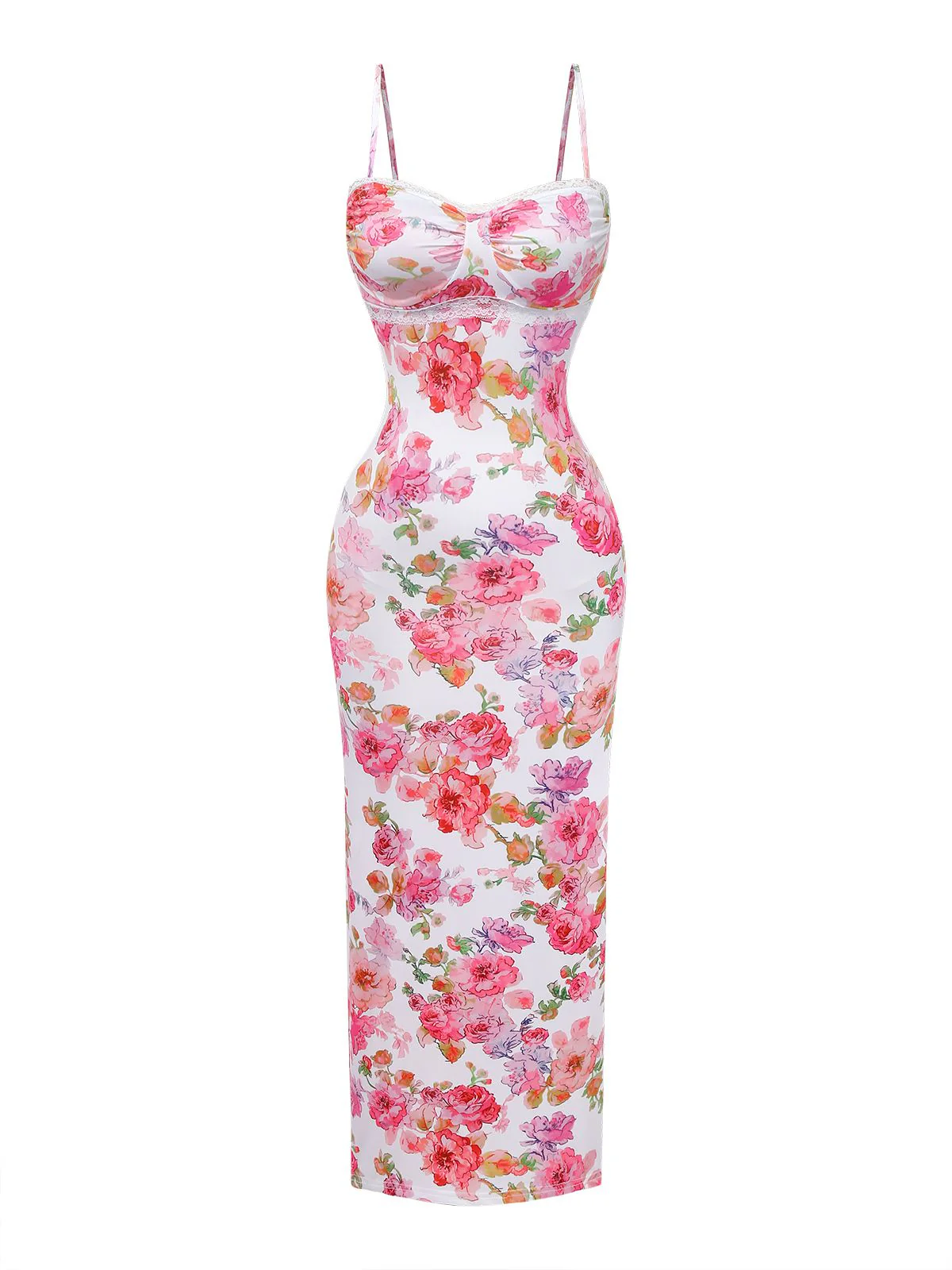Rosa 1980er Blumen Druck Trägerlos Figurbetont Maxi Kleid - Image 2