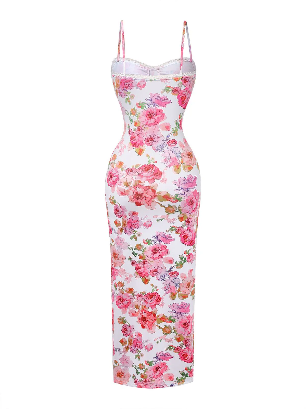 Rosa 1980er Blumen Druck Trägerlos Figurbetont Maxi Kleid - Image 3