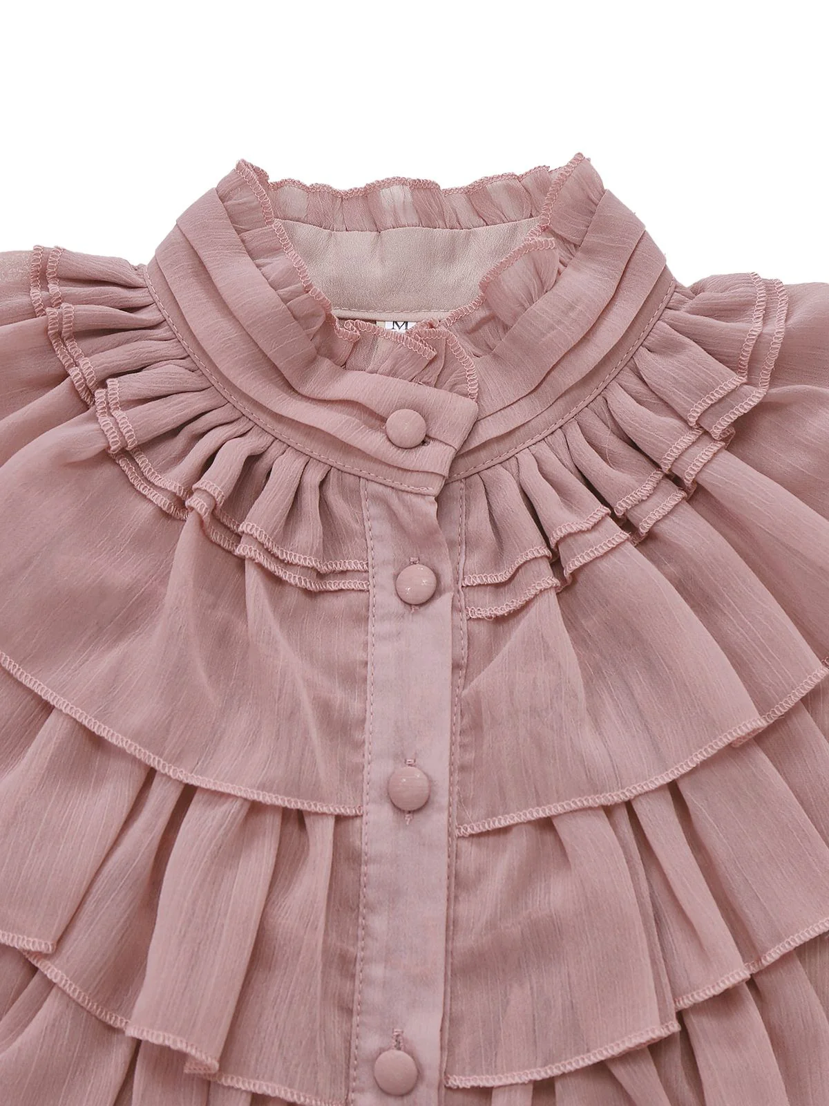 Rosa 1980er Chiffon Rüschen Hochhals Bluse - Image 3
