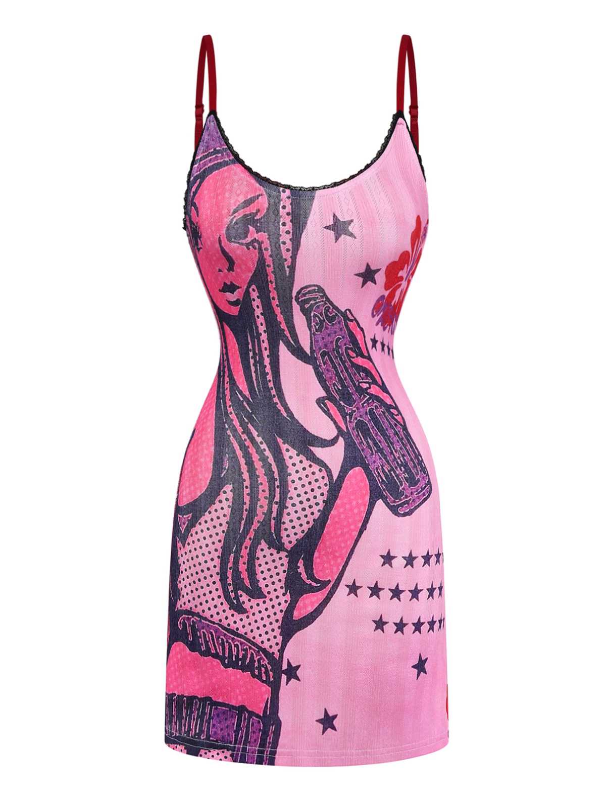 Rosa 2000er Slip Spitze Besatz Comic Druck Kleid - Image 2