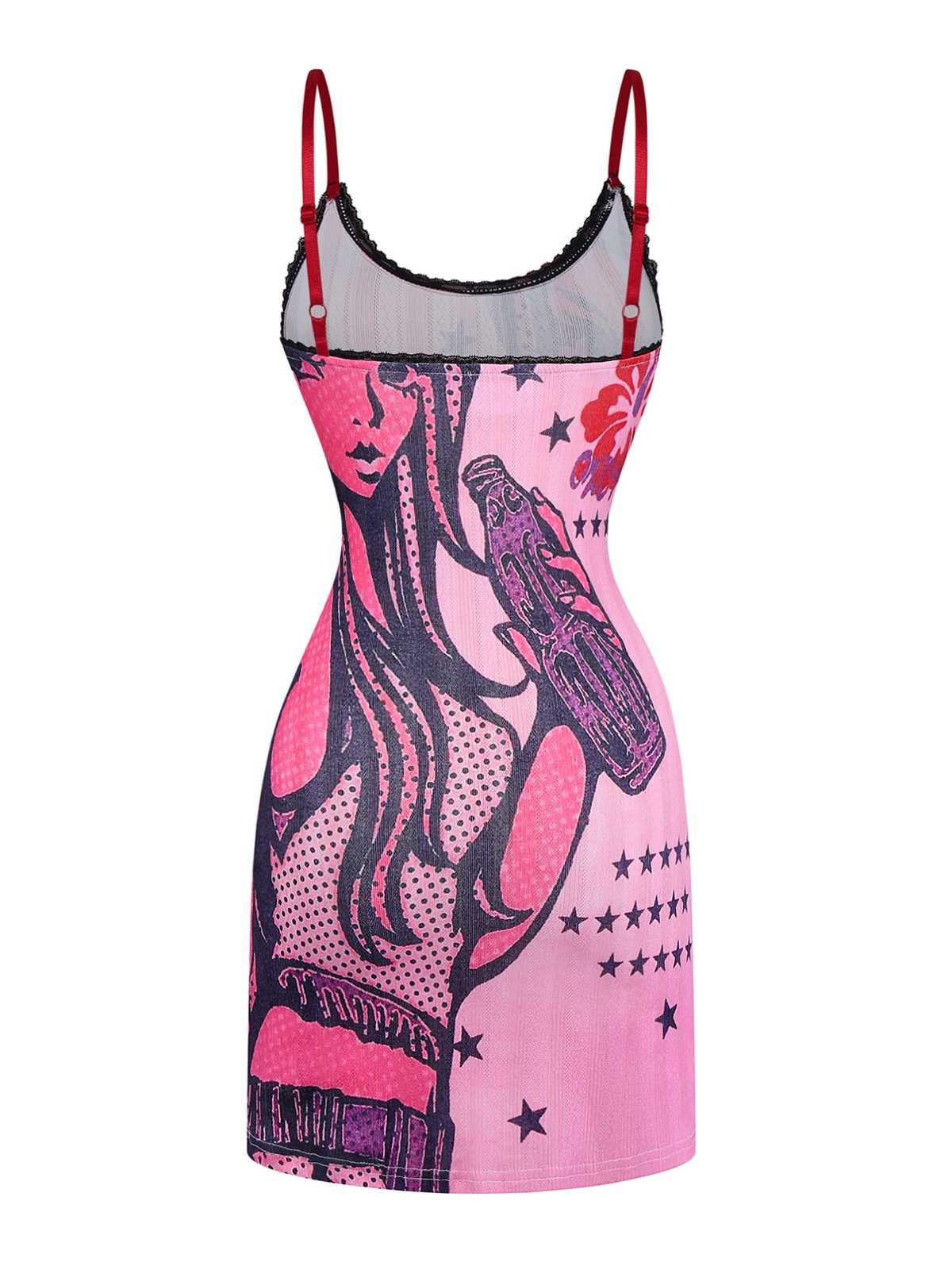 Rosa 2000er Slip Spitze Besatz Comic Druck Kleid - Image 3