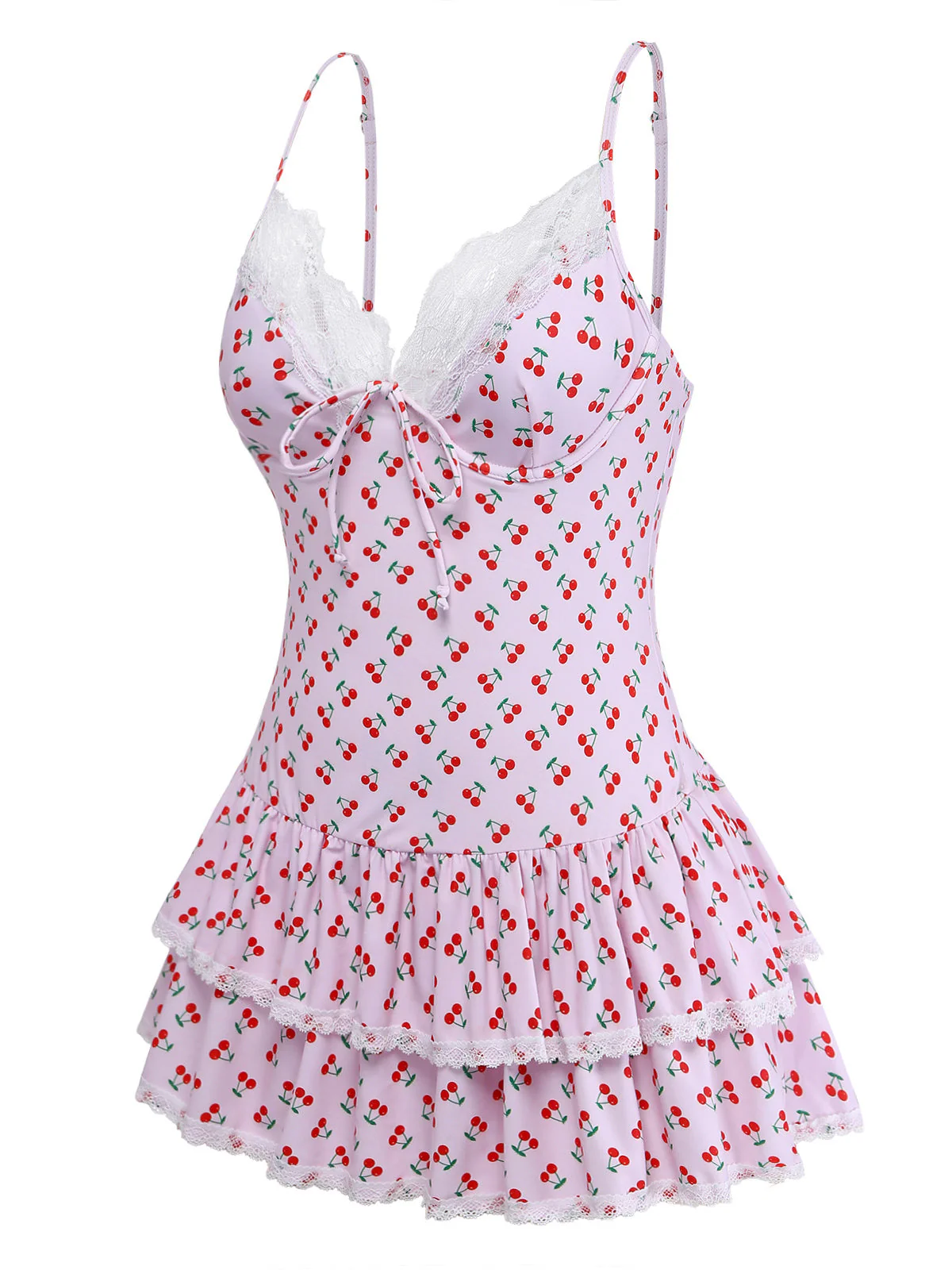 [Vorverkauf] Rosa 40er Kirschen Badeanzug mit Spitze - Image 3