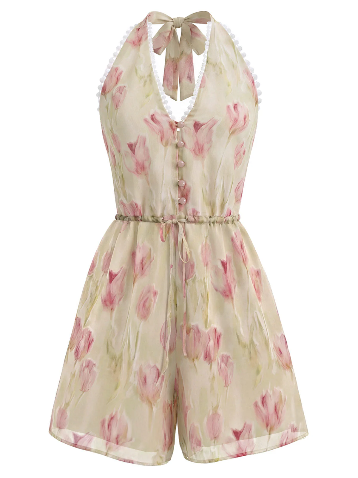 [Vorverkauf] Rosa 40er Romper mit Tulpen und Kordelzug - Image 2