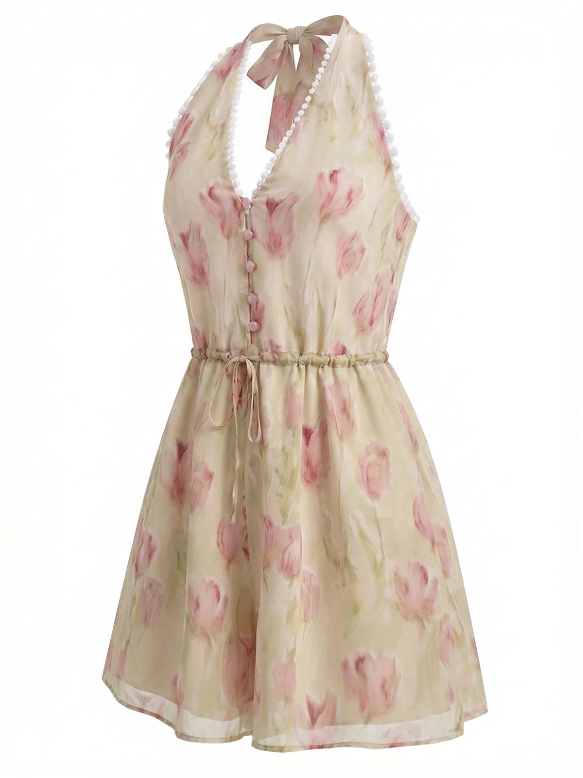 [Vorverkauf] Rosa 40er Romper mit Tulpen und Kordelzug - Image 3