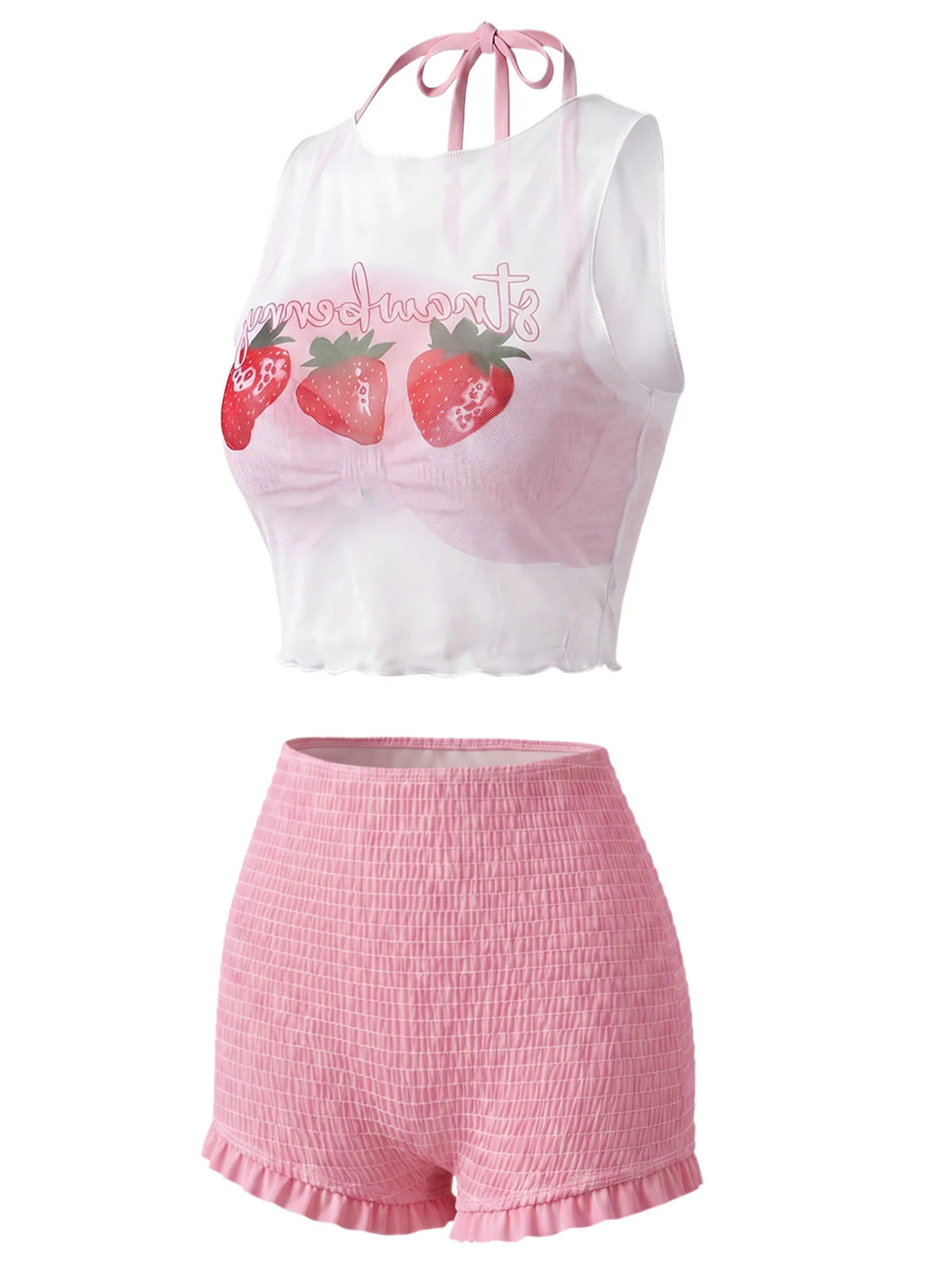 [Vorverkauf] Rosa 50er Bikini-Set & Erdbeer-Cover-Up mit Smock-Design und Neckholder - Image 2