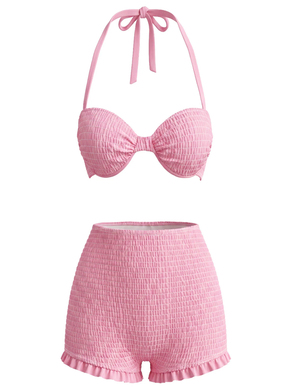 [Vorverkauf] Rosa 50er Bikini-Set & Erdbeer-Cover-Up mit Smock-Design und Neckholder - Image 4