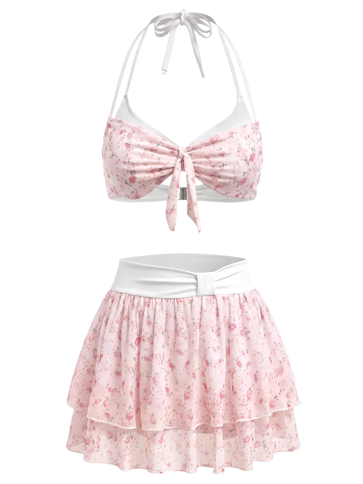 [Vorverkauf] Rosa 50er Bikini-Set mit Ditsy-Blumen und Neckholder - Image 2