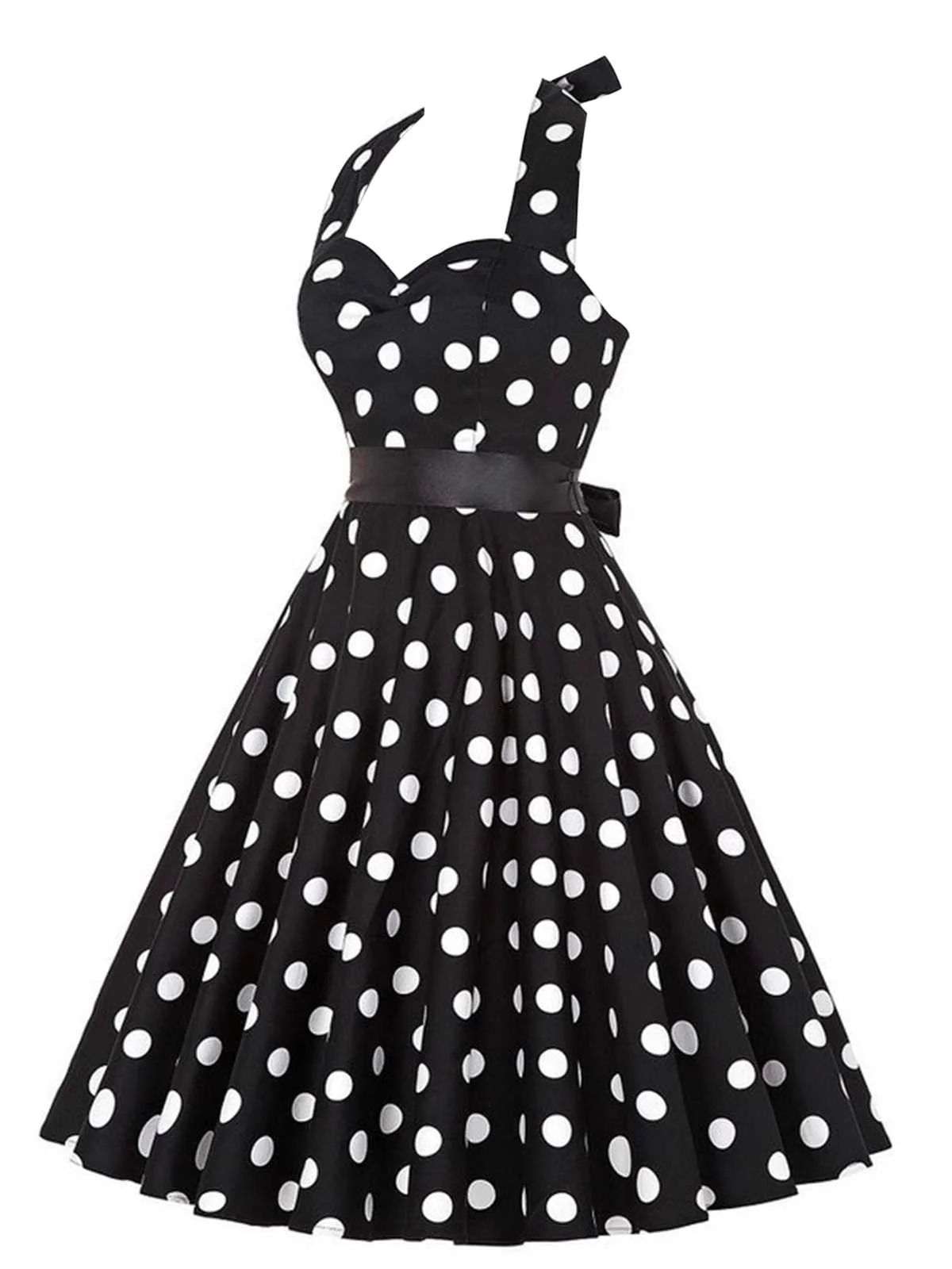 Schwarz 1950er Halter Kontrast Tupfen Gürtel Kleid - Image 3