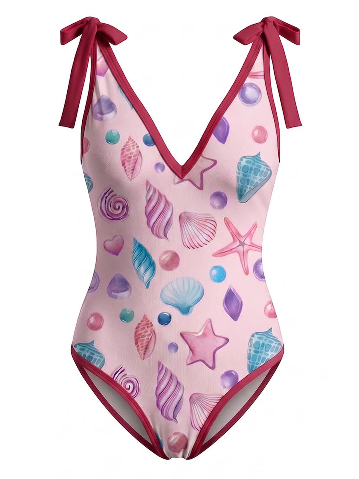 [Vorverkauf] Rosa 60er Badeanzug & Cover-Up mit Muschel-Print und Bindeband - Image 2