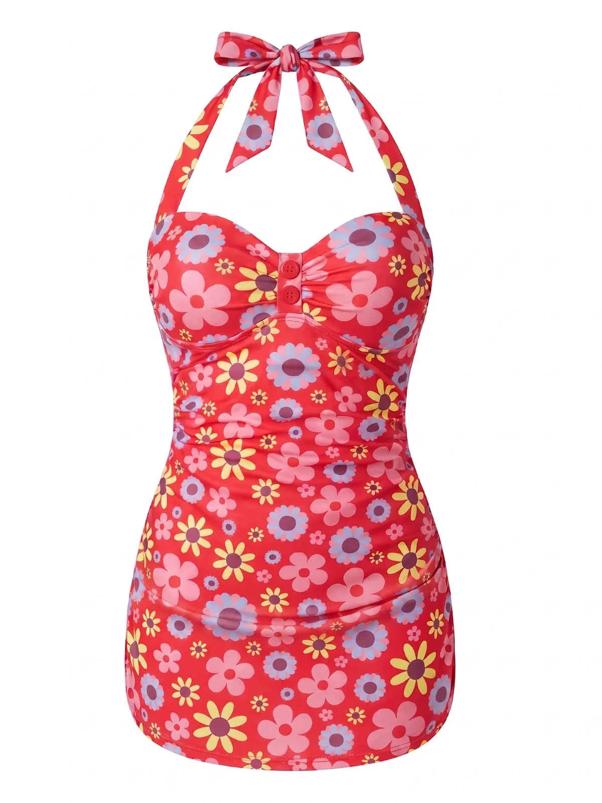 [Vorverkauf] Rosa 60er Badeanzug mit Blumen-Print und Neckholder - Image 2
