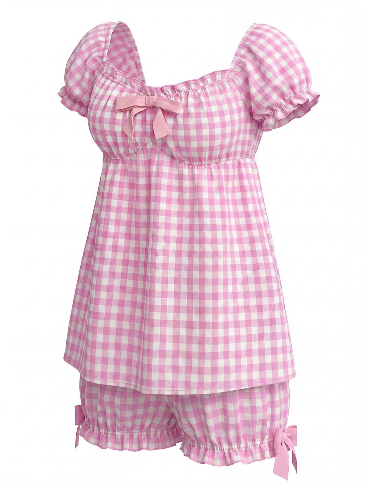 [Vorverkauf] Rosa 60er Gingham Pyjama Set mit Schleife und Rüschen - Image 3