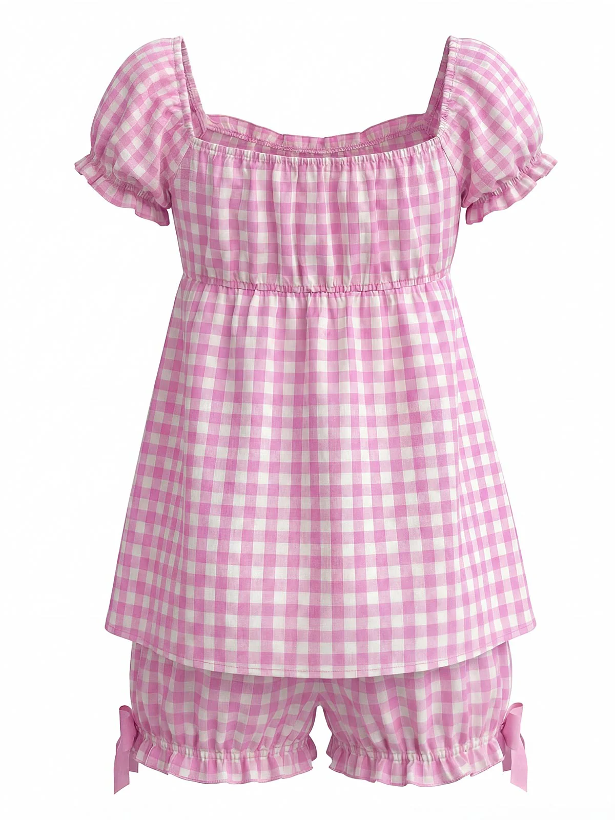 [Vorverkauf] Rosa 60er Gingham Pyjama Set mit Schleife und Rüschen - Image 4