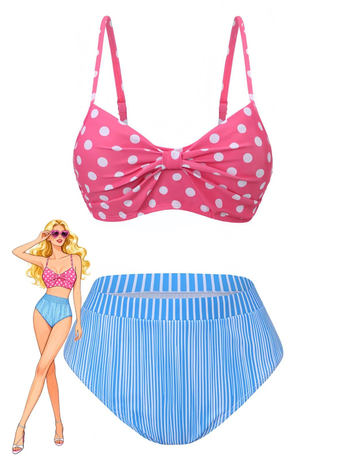 Rosa & Blau 1950er Polka Dot Streifen Bogen Bikini Set