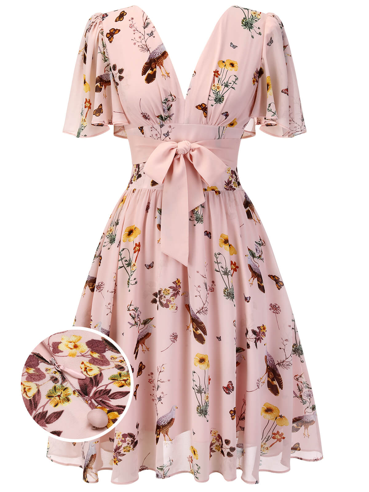 Rosa 1950er Blumen Vögel Bowknot V-Ausschnitt Kleid