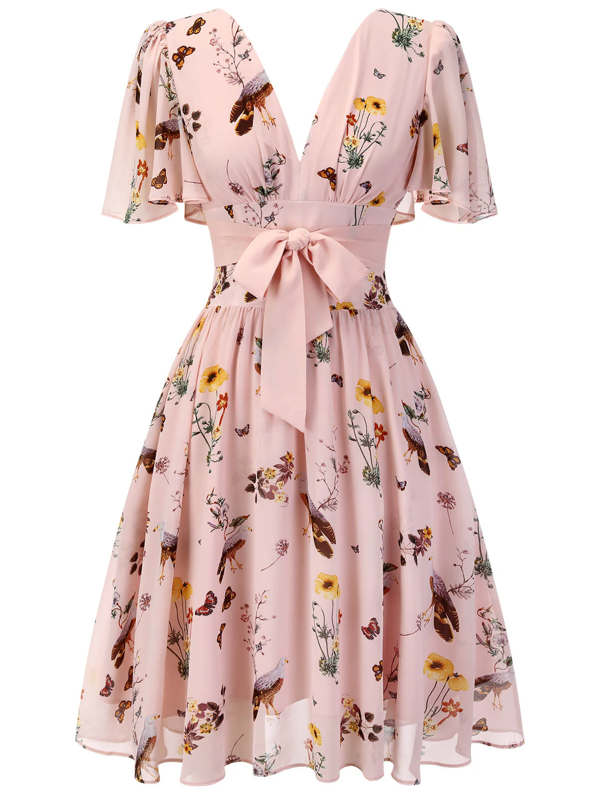 Rosa 1950er Blumen Vögel Bowknot V-Ausschnitt Kleid - Image 3