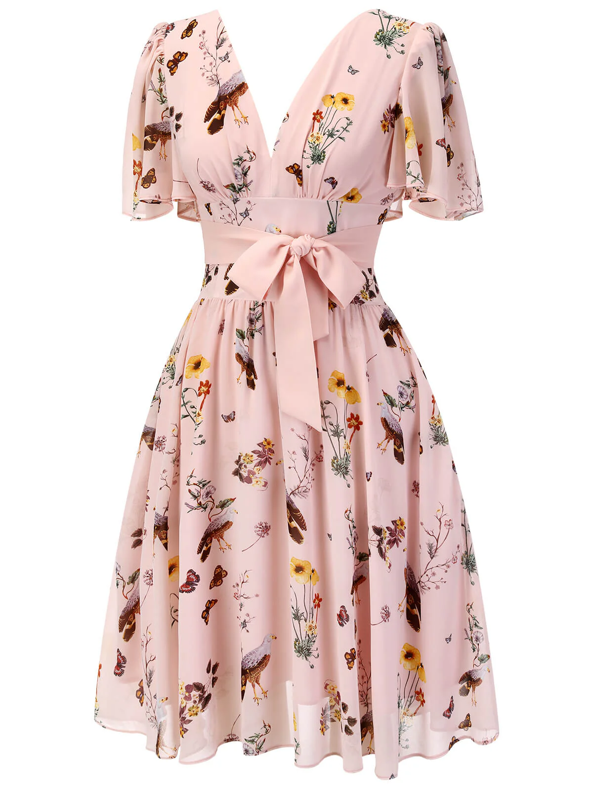 Rosa 1950er Blumen Vögel Bowknot V-Ausschnitt Kleid - Image 4