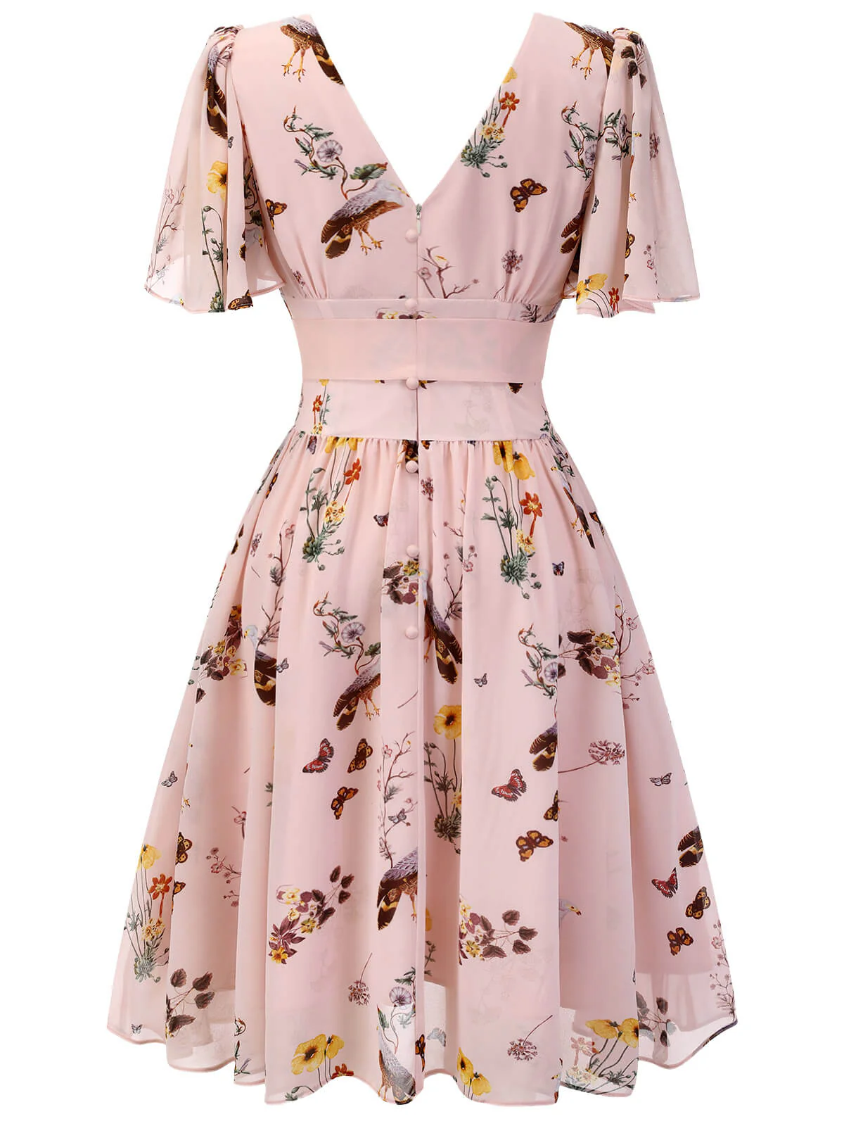 Rosa 1950er Blumen Vögel Bowknot V-Ausschnitt Kleid - Image 5