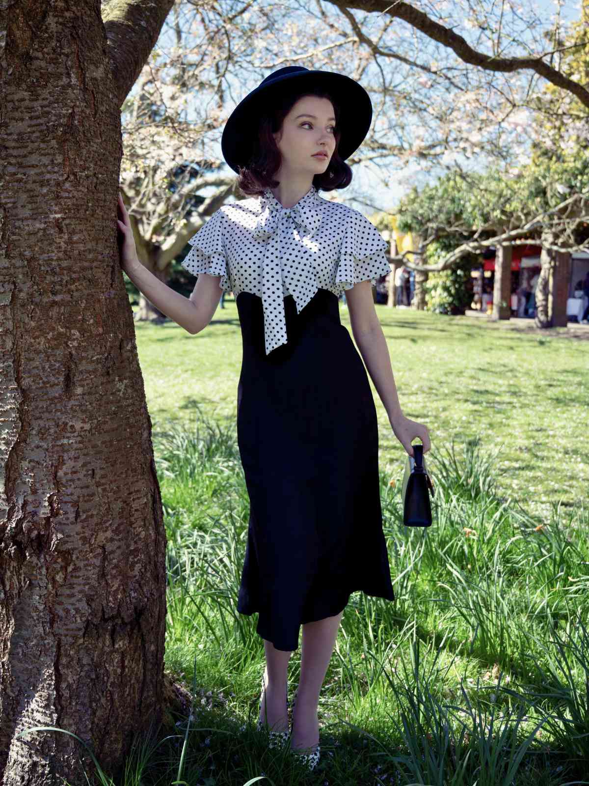 Rosa & Schwarz 1930er Dots Krawattenhals Meerjungfrauenkleid - Image 4