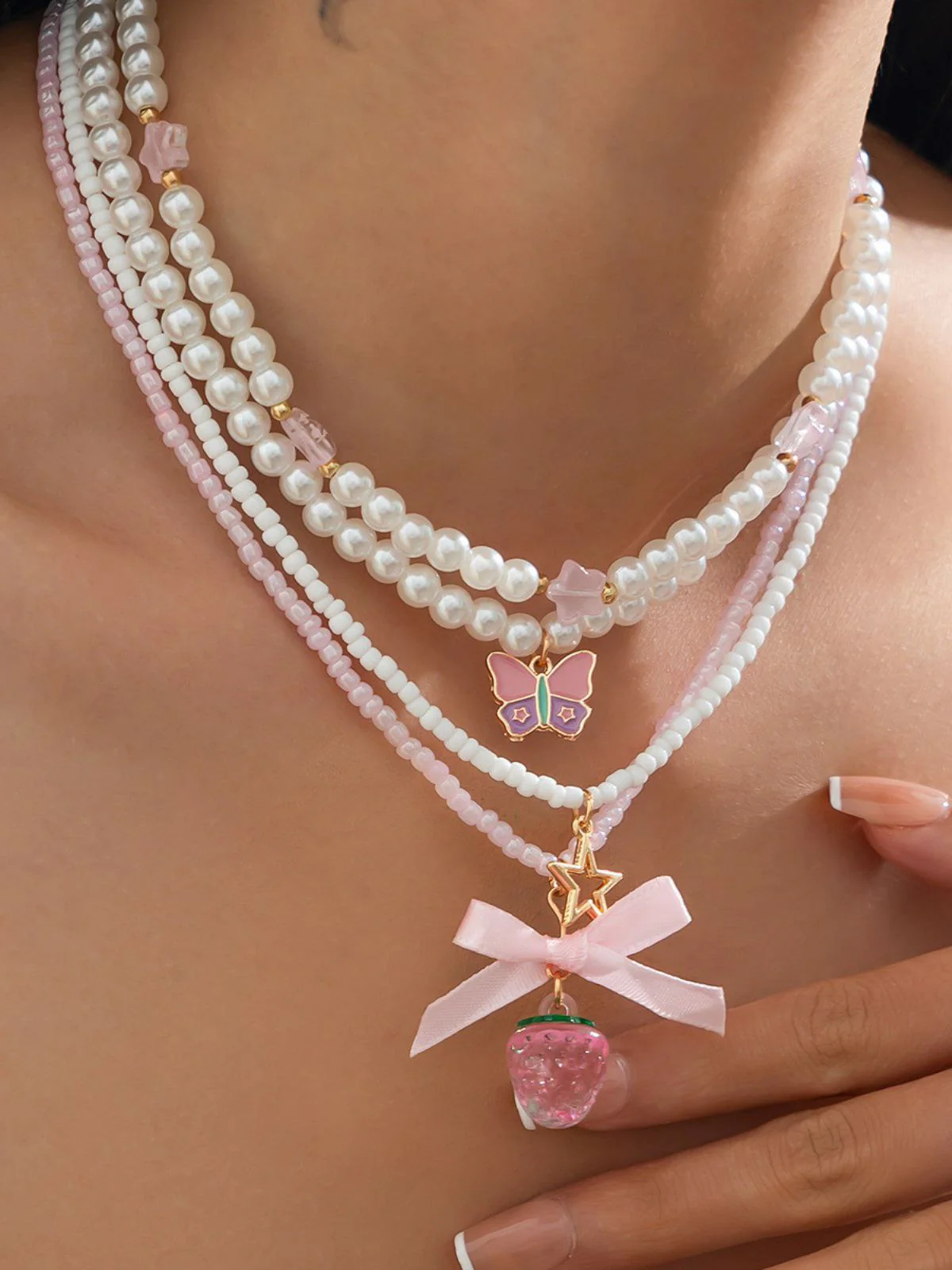 Rosa & Weiß Perle Bogen Schmetterling Halsketten Set - Image 2