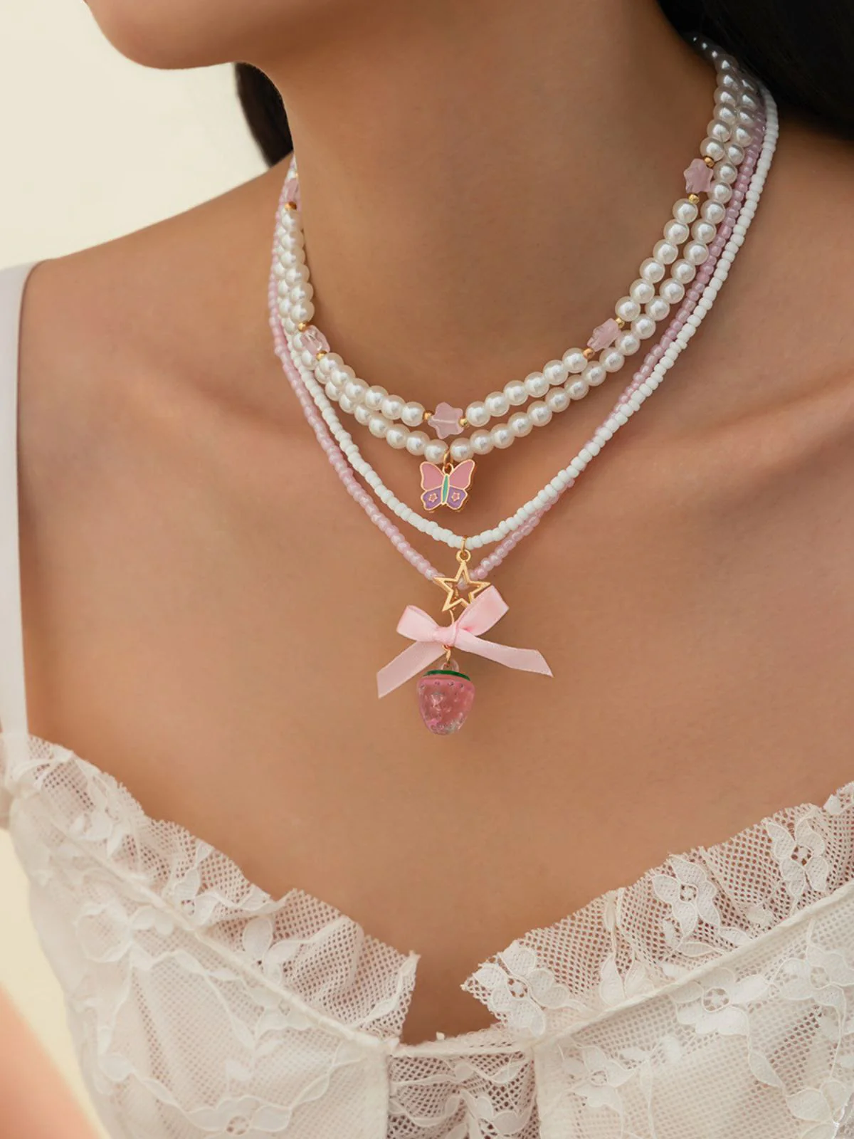 Rosa & Weiß Perle Bogen Schmetterling Halsketten Set - Image 3