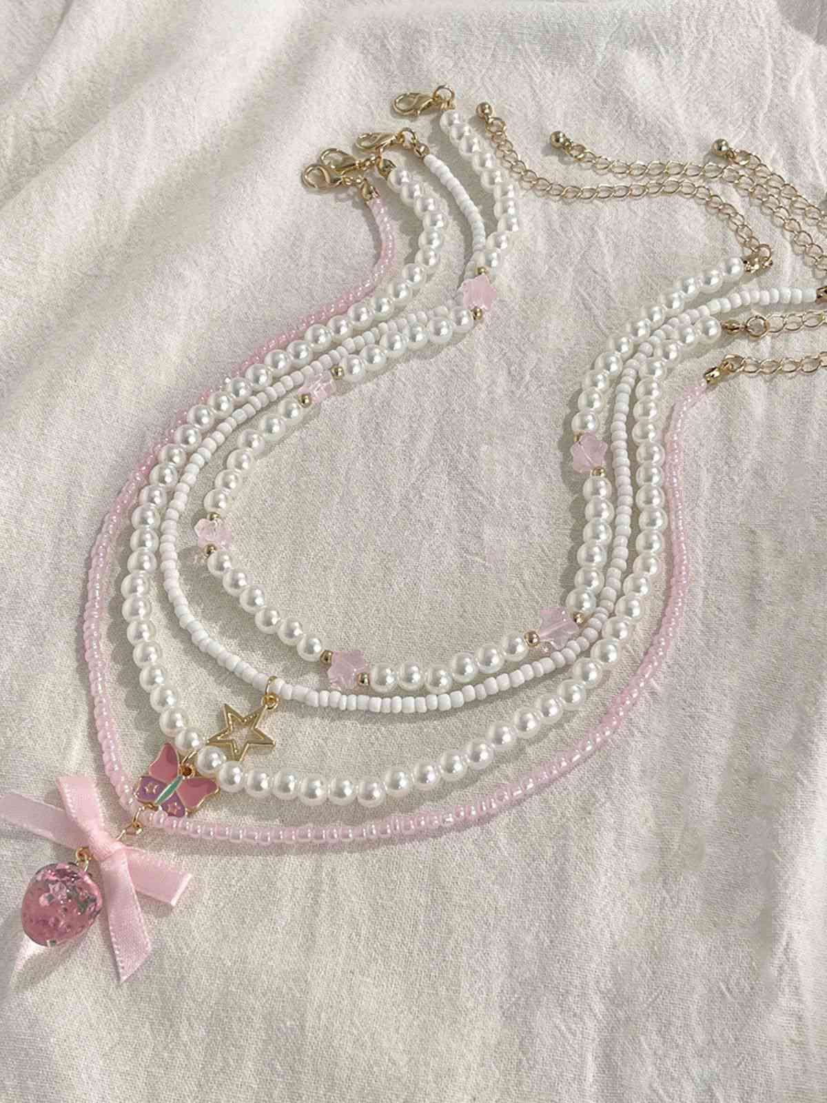 Rosa & Weiß Perle Bogen Schmetterling Halsketten Set - Image 5