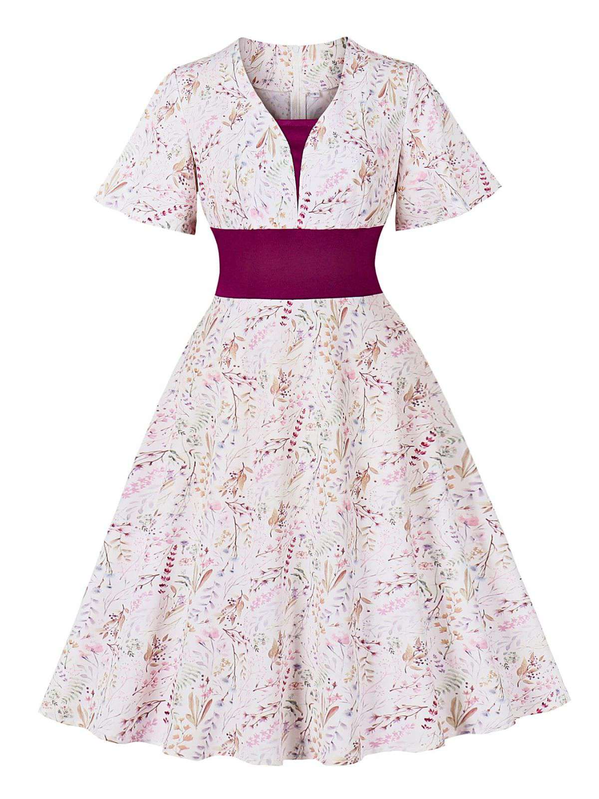 Rosaviolett 1950er Herzförmiger GlockenÀrmel Blumen Kleid