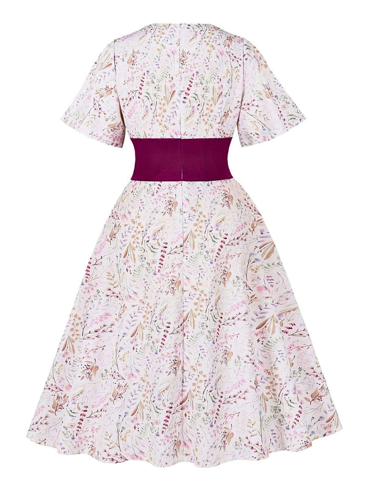 Rosaviolett 1950er Herzförmiger GlockenÀrmel Blumen Kleid - Image 2