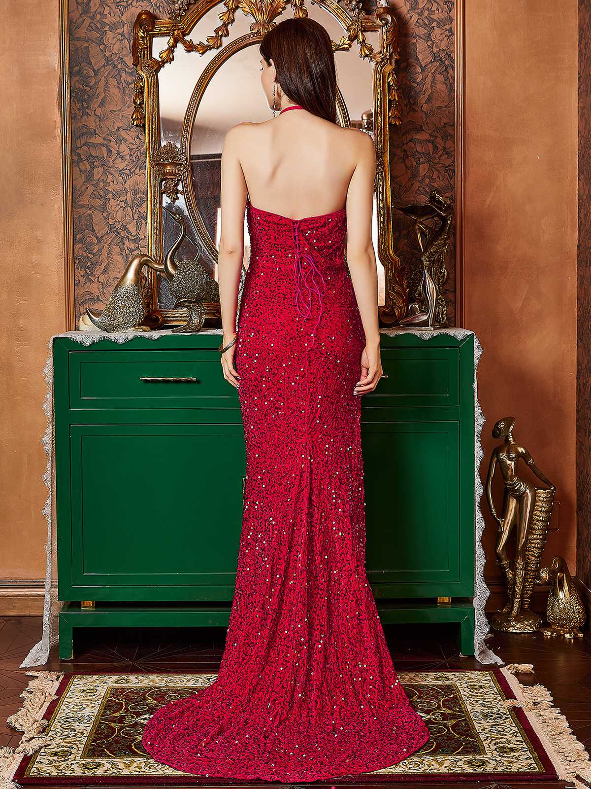Rot 1920er Halter Pailletten Seitlicher Schlitz Maxi Kleid - Image 2