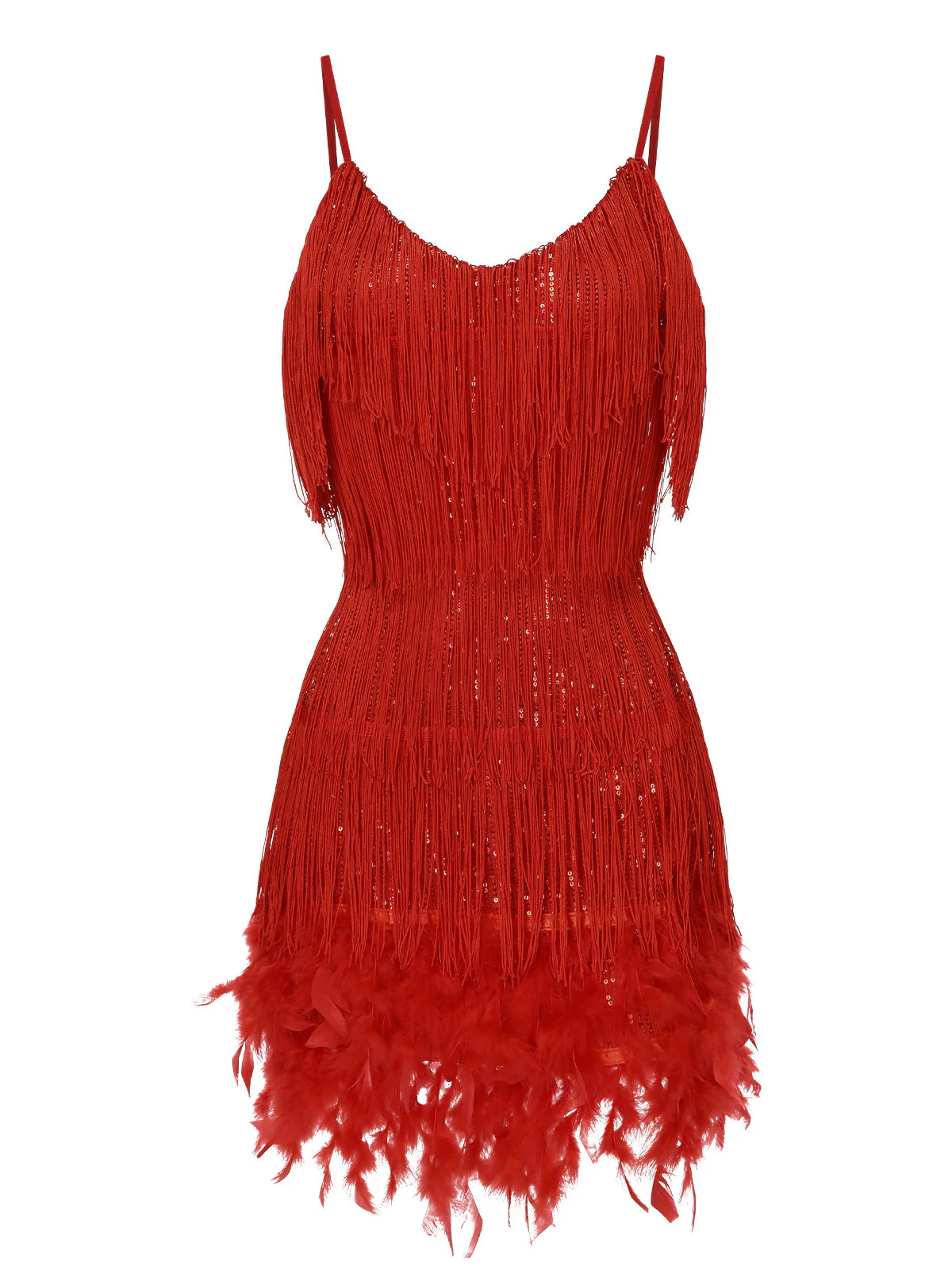 Rot 1920er Spaghetti Träger Feder Fransen Kleid - Image 2