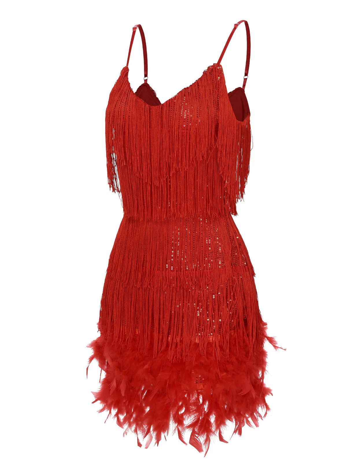 Rot 1920er Spaghetti Träger Feder Fransen Kleid - Image 3