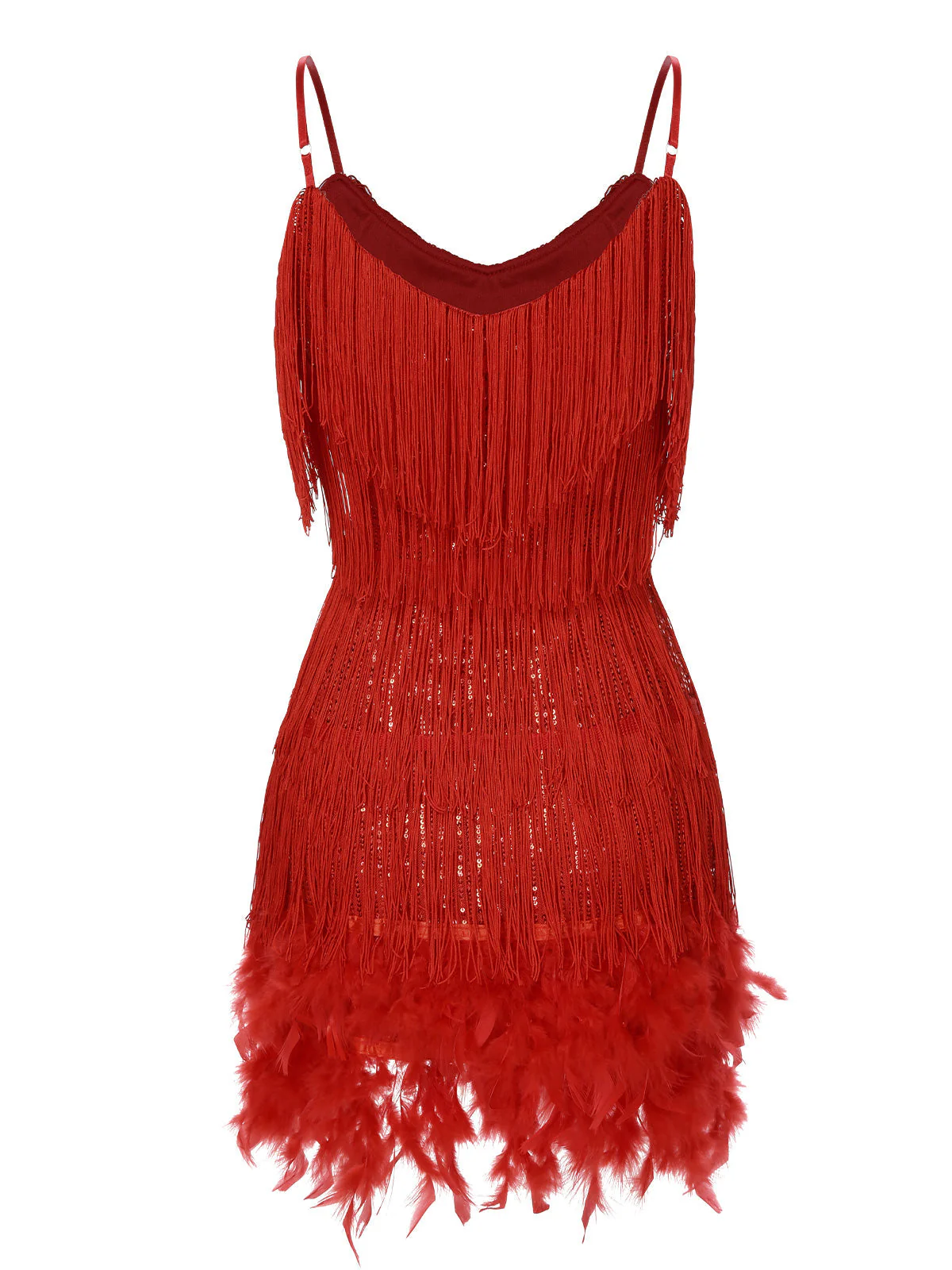 Rot 1920er Spaghetti Träger Feder Fransen Kleid - Image 4