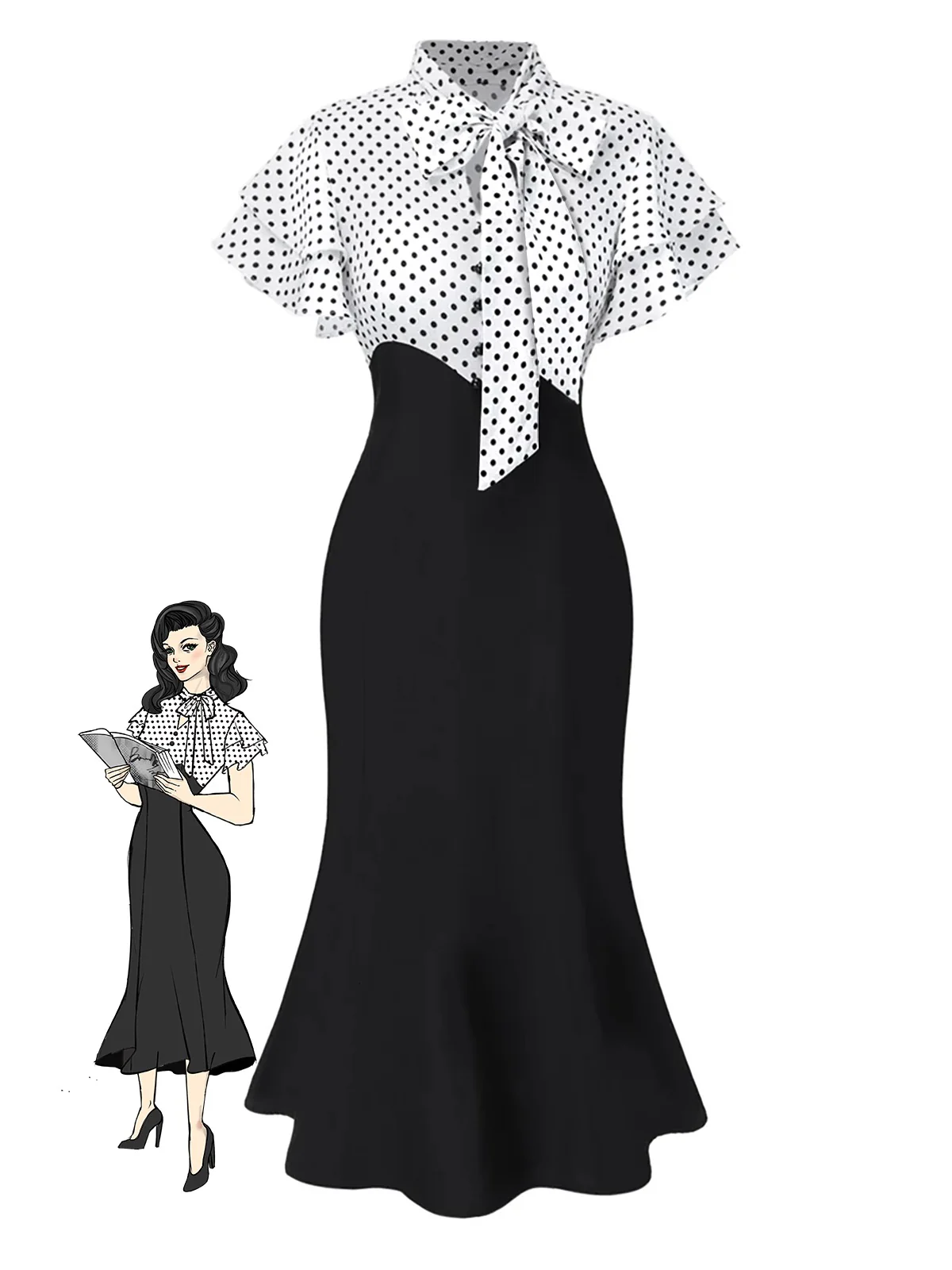 Rosa & Schwarz 1930er Dots Krawattenhals Meerjungfrauenkleid - Image 3