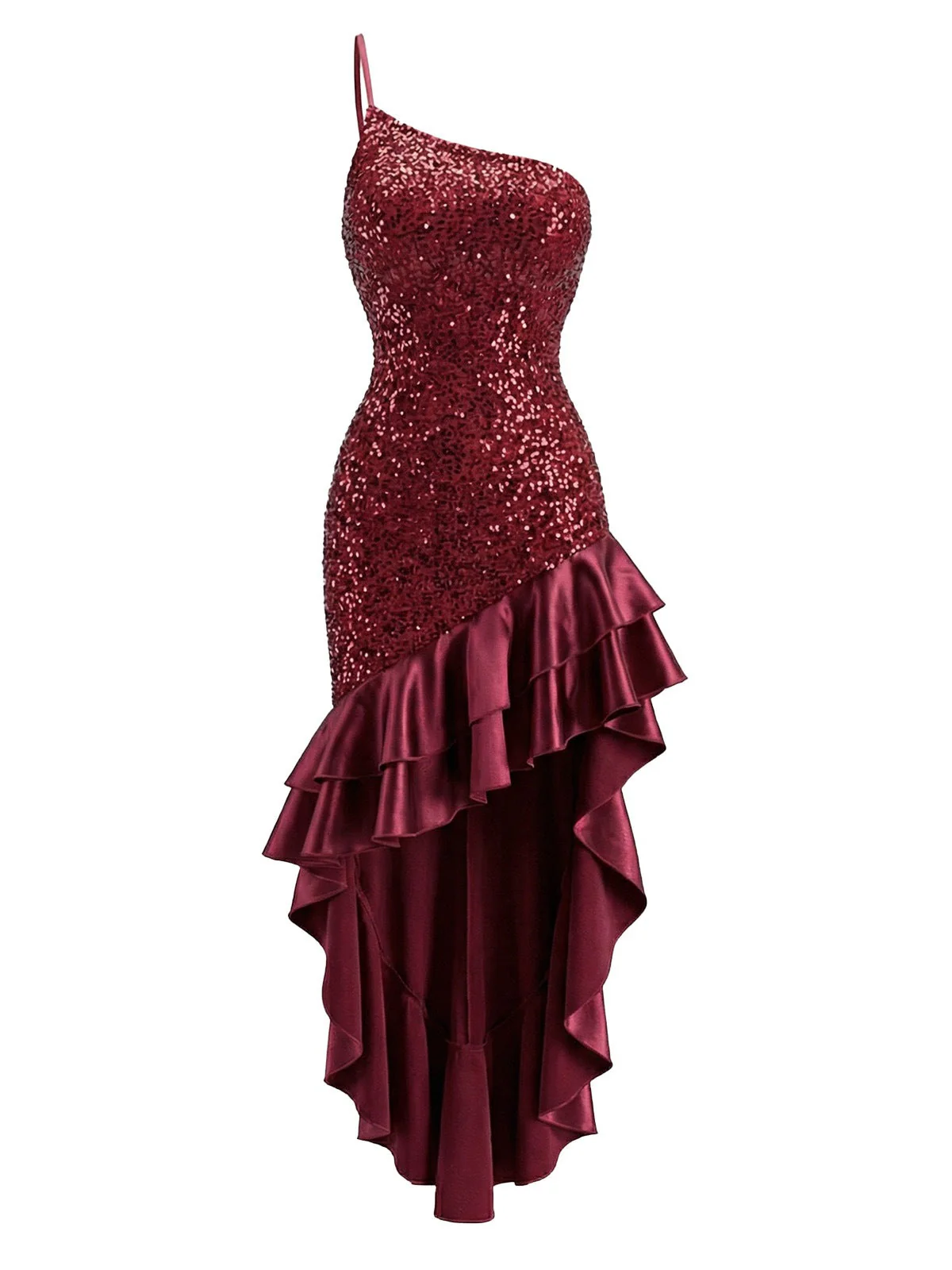 Rot 1930er Eine Schulter Pailletten Rüschen Asymmetrisch Kleid - Image 3