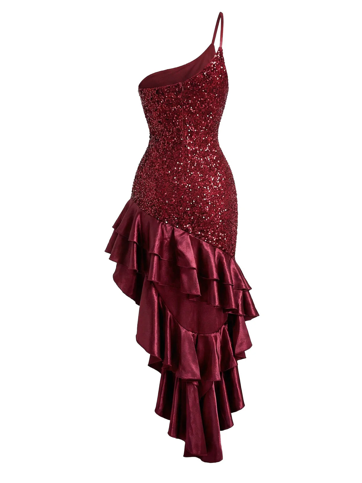 Rot 1930er Eine Schulter Pailletten Rüschen Asymmetrisch Kleid - Image 7