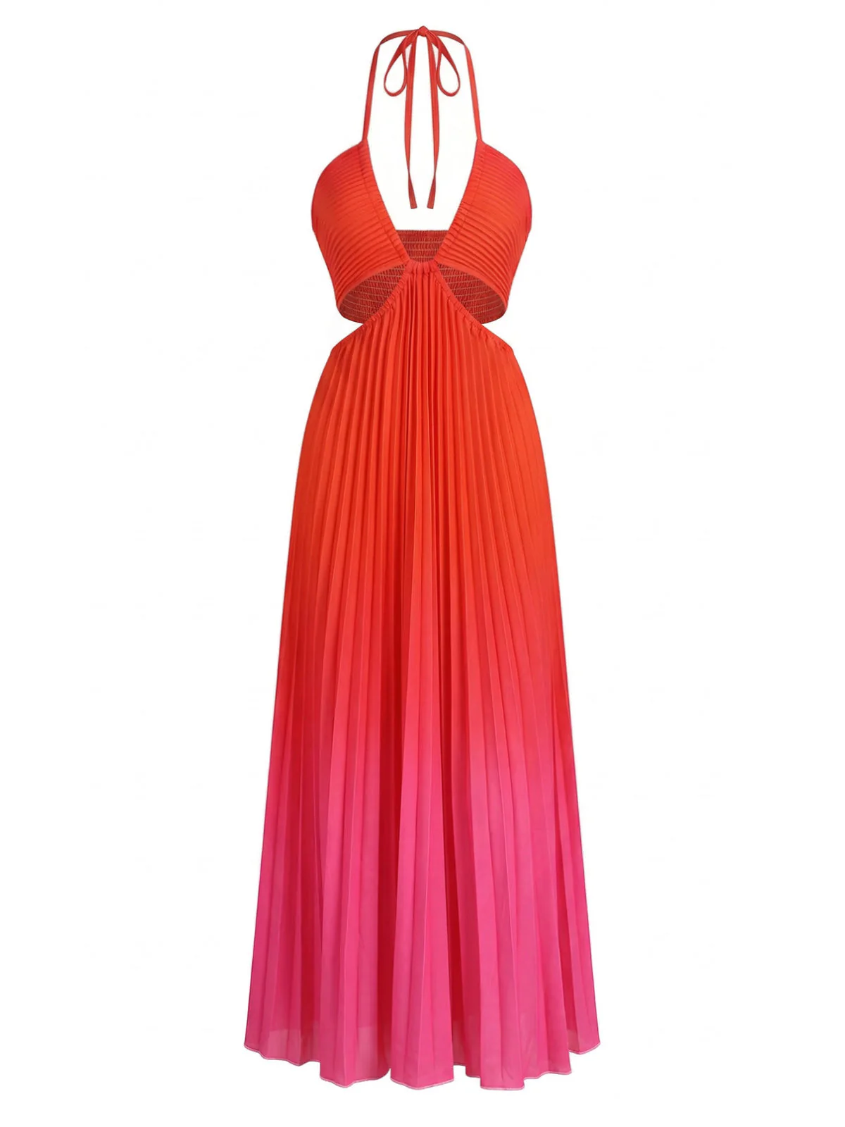 Rot 1930er Farbverlauf Halter Plissiertes Cut-Out Maxi Kleid - Image 2
