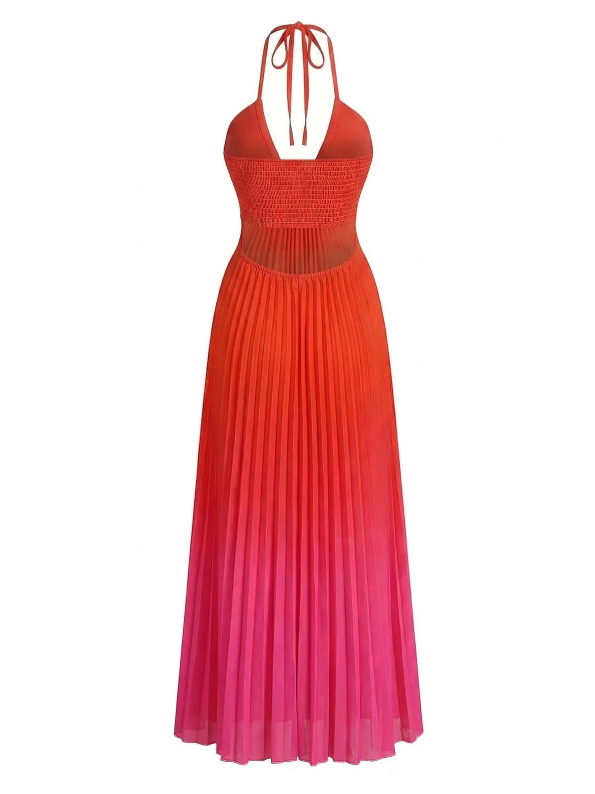 Rot 1930er Farbverlauf Halter Plissiertes Cut-Out Maxi Kleid - Image 3