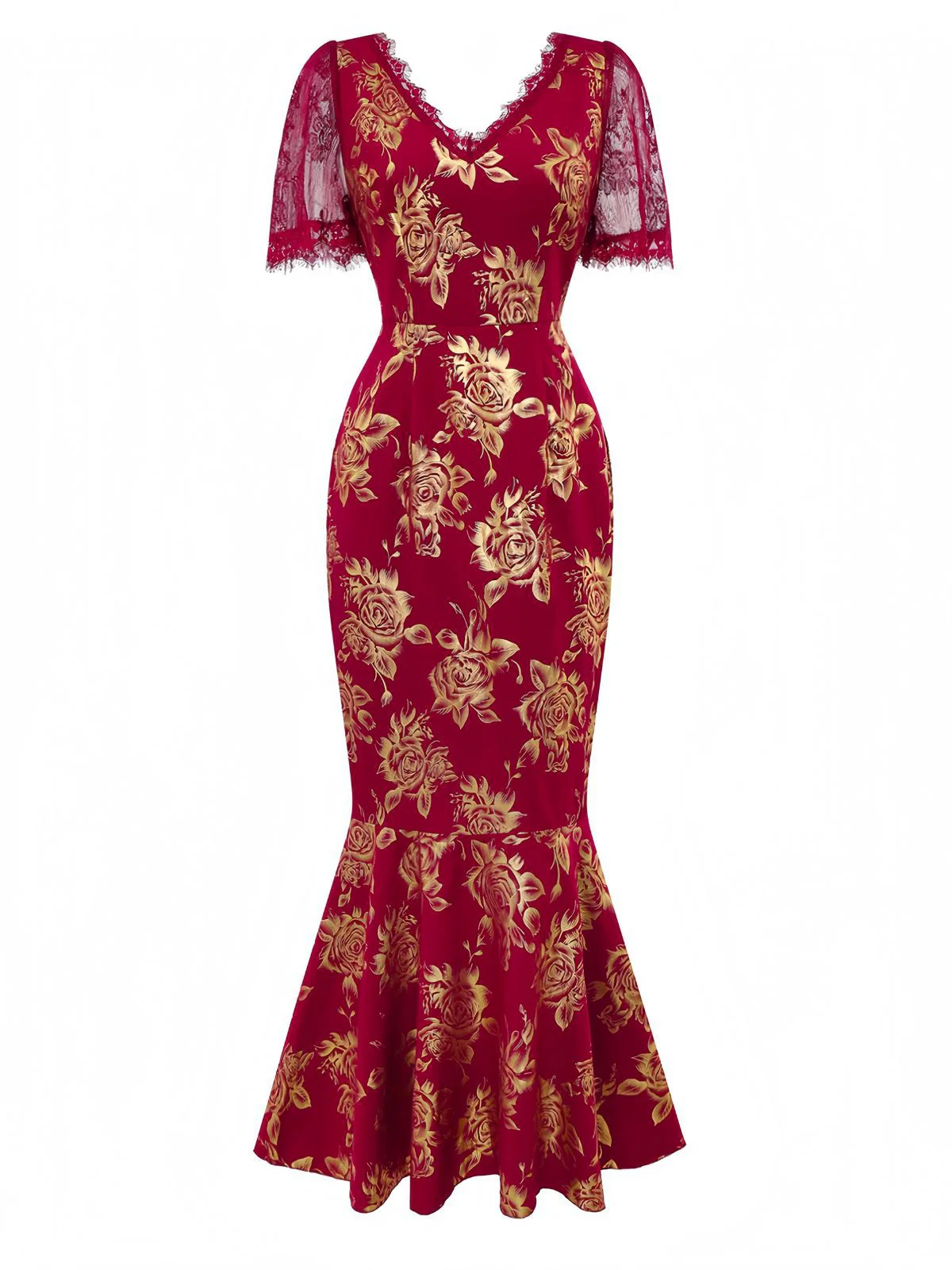 Rot 1930er Goldfolie Blumen Meerjungfrauen Durchsichtig Kleid - Image 2