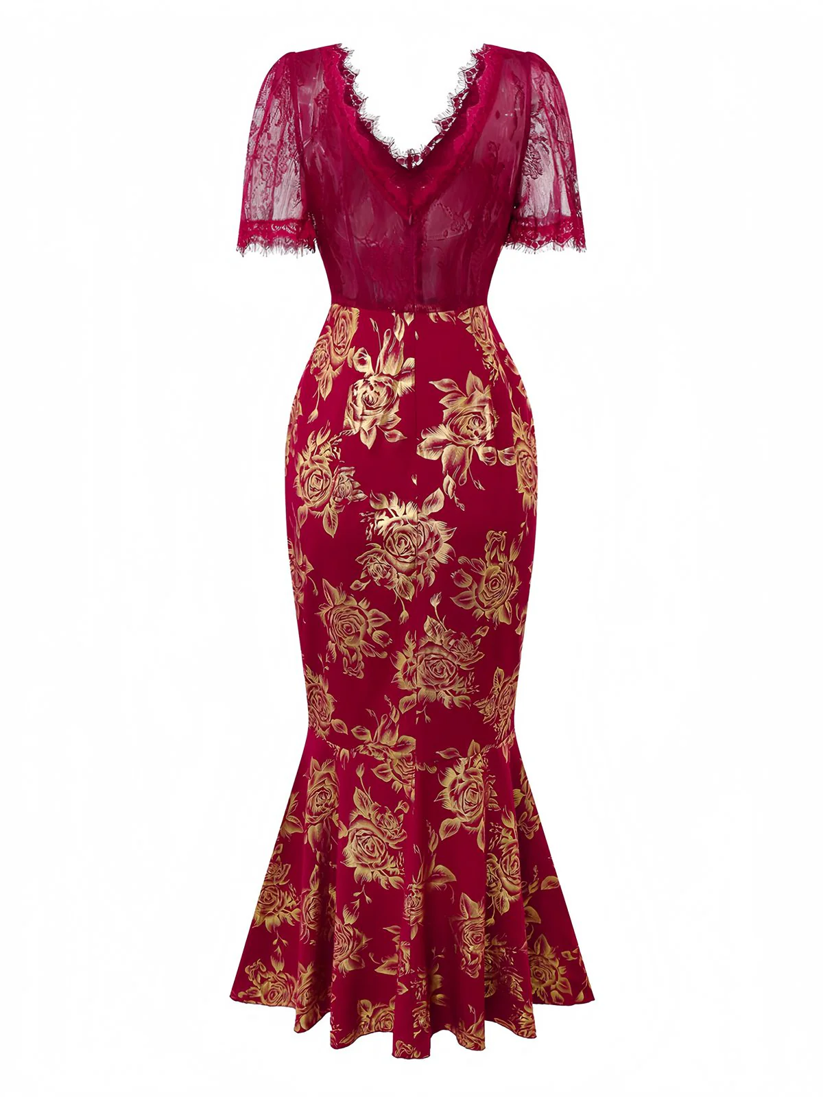 Rot 1930er Goldfolie Blumen Meerjungfrauen Durchsichtig Kleid - Image 3