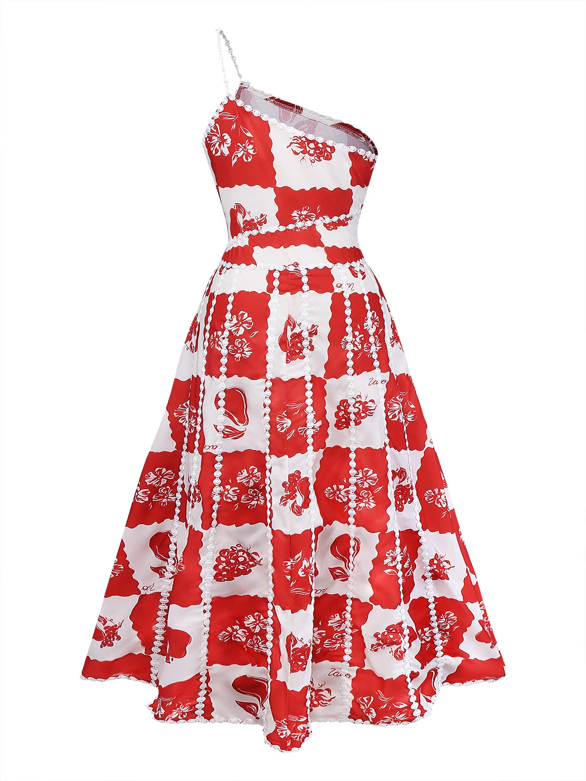 Rot 1930er Kariert Blumen & Frucht Druck Spaghetti Träger Kleid - Image 2