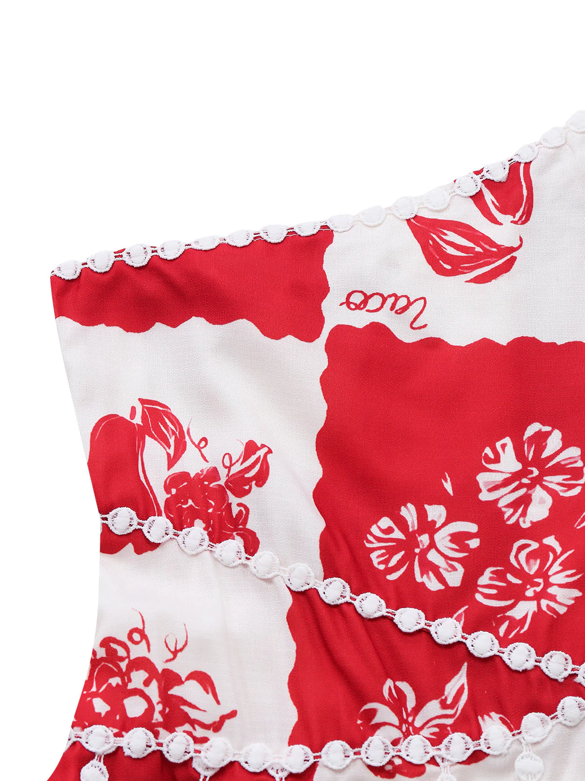 Rot 1930er Kariert Blumen & Frucht Druck Spaghetti Träger Kleid - Image 4