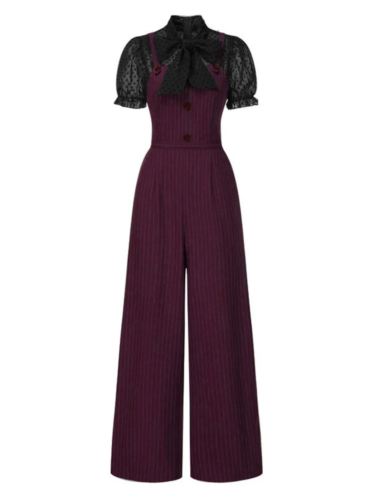 Rot 1930er Netz Patchwork Vertikal Streifen Jumpsuit - Image 11