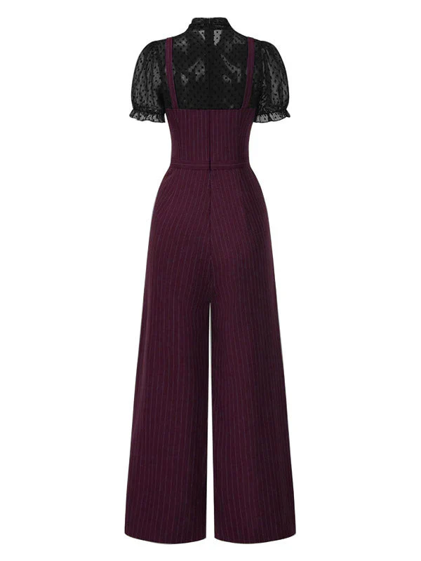 Rot 1930er Netz Patchwork Vertikal Streifen Jumpsuit - Image 12