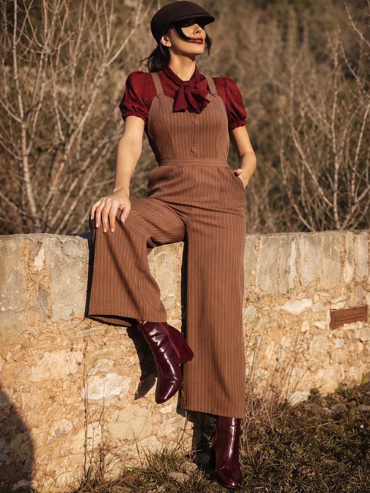 Rot 1930er Netz Patchwork Vertikal Streifen Jumpsuit - Image 2