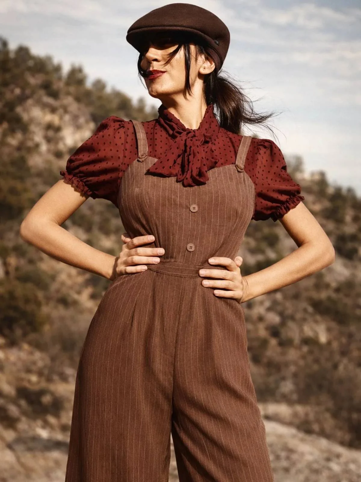 Rot 1930er Netz Patchwork Vertikal Streifen Jumpsuit - Image 3
